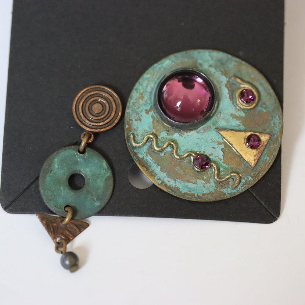 Vintage Oxidized Copper Earrings Set Mismatched Pierced Ears Purple Cabochon